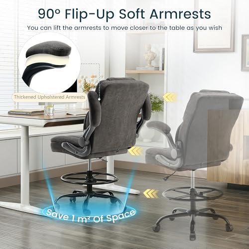 Image of Drafting Chair 500Lbs, Tall Office Chair for Standing Desk, Fabric Executive Office Chair with Flip-up Armrests, Ergonomic High Chair with Adjustable Foot Ring, Comfy Stool Chairs, Black