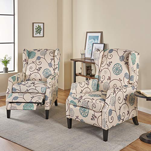 Christopher Knight Home Ellyn Fabric Recliner (Set Of 2), Light Beige With Blue Floral, Dark Brown #TOP1