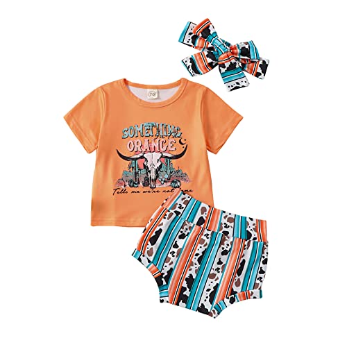 Image of Western Baby Girl Clothes Cow Letter Print Short Sleeve Tshirt and Shorts Headband Set Boho Summer Clothes (Cow Print-Orange,6-12 Months)