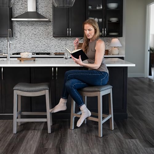 Image of Maven Lane Adrien Backless Counter Stool - Set of 2 - 26 Inches - Saddle Stool with Footrest - Grey Solid Wood Frame & Grey Faux Leather Upholstery - Perfect for Kitchen Islands & Counters