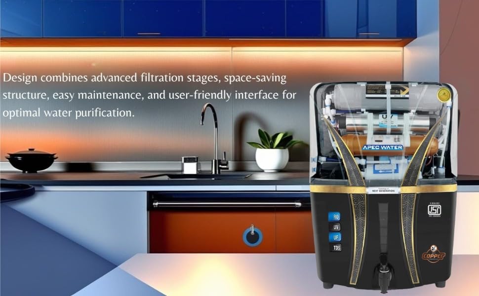 Image of Apec Water Copper Filter, RO Water Purifier with 10 Stage Purification Filtration, UV, UF, TDS Adjuster and 12 Liter Large Storage Tank Black 12L