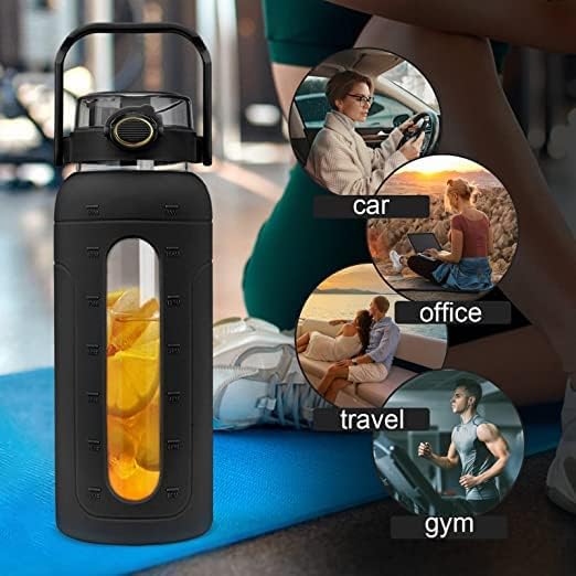 Miniatura 5 de Tronco Botella de agua de vidrio de 64 onzas con tapa de popote y marcador de tiempo, botella de agua motivacional grande de medio galón con funda