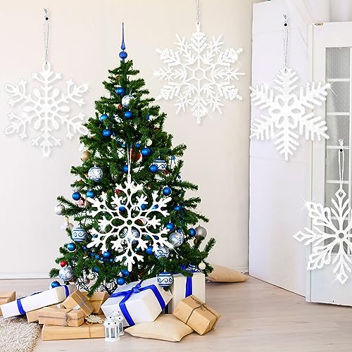 Copos de nieve de Navidad grandes, pack de 24 adornos de plástico colgantes con purpurina 5