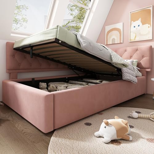 Cama Individual con Arcón Hidráulico, Somier De Lamas, Cabecero Tapizado y Laterales Reversibles, Estructura Funcional Cama 90x200 cm, para Habitacion Juvenil Completa