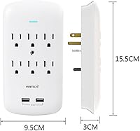 Vista 2 de Oviitech Protector de sobretensiones de 6 tomas, adaptador de pared de 900 julios con 2 cargadores USB, puertos USB duales de 3.1 A, enchufes