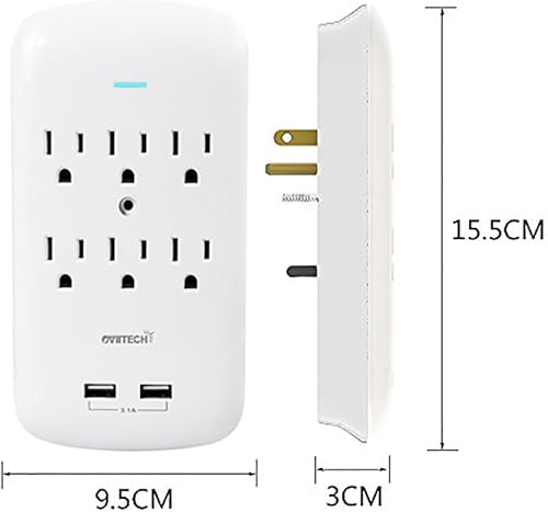 Miniatura 2 de Oviitech Protector de sobretensiones de 6 tomas, adaptador de pared de 900 julios con 2 cargadores USB, puertos USB duales de 3.1 A, enchufes de