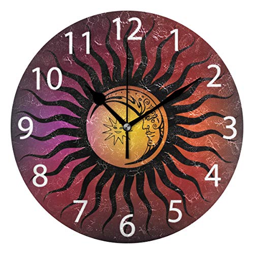 Sun Or Moon Bohemian Design Round Wall Clock, Silent Non Ticking Oil Painting Decorative For Home Office School Clock Art #TOP14