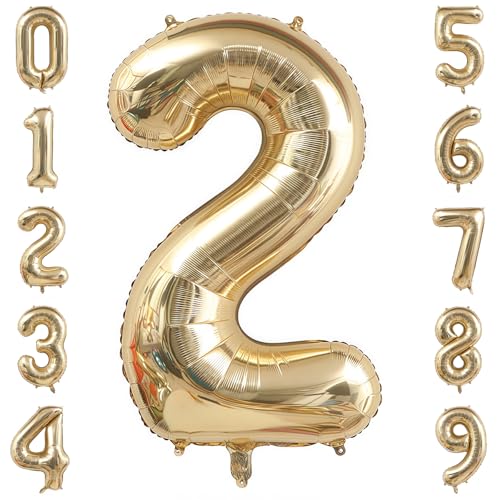 Image of Champagne Gold 2 Balloon Number,40 Inch Light Gold 2 Balloons Big Foil Mylar Helium Number 2 Balloon for Birthday Party Anniversary Decorations