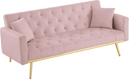 Miniatura 57 de Moderno sofá biplaza de terciopelo de 59 pulgadas con 2 bolsillos, sofá cama convertible tapizado con respaldo múltiple ajustable, sofá futón con