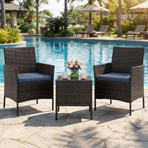 Image of GAOMON 3-Piece Patio Furniture Set, Modern PE Rattan Conversation Set with 2 Chairs & Tempered Glass Coffee Table, All-Weather Outdoor Seating for Garden, Porch, Balcony, Poolside, Brown /Navy Blue
