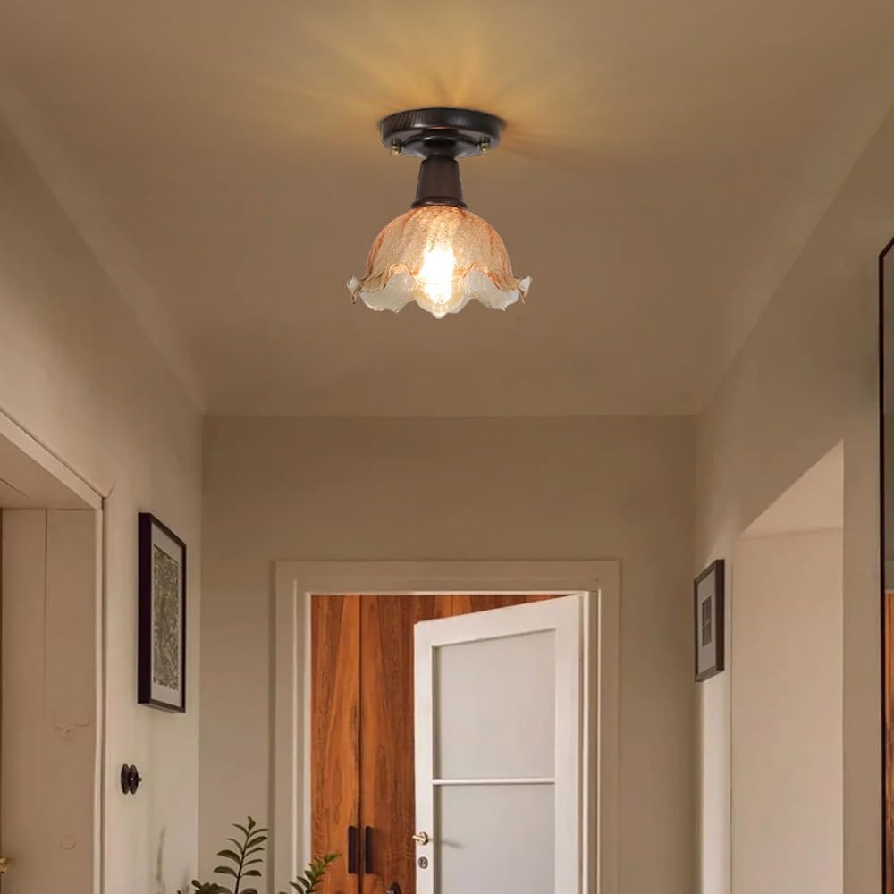 Modern Farmhouse Hallway Ceiling Light with Amber Glass Flower Flush Ceiling Light Cracked Shade Retro Vintage Close to Ceiling Light Fixtures for Porch Entryway Closet Bathroom