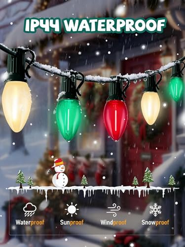 Image of C7 LED Red White and Green Christmas Lights, 25Ft Outdoor Chritsmas String Lights Shatterproof with 27 LED Clear Multicolor Bulbs, Connectable Vintage Christmas Lights for Patio Garden Backyard Decor
