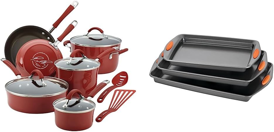 Rachael Ray Cucina Nonstick Cookware Pots and Pans Set, 12 Piece, Cranberry Red & Nonstick Bakeware Set with Grips, Cookie Sheets/Baking Sheets – 3 Piece, Gray with Orange Grips Rachael Ray Cucina Nonstick Cookware Pots and Pans Set, 12 Piece, Cranberry Red & Nonstick Bakeware Set with Grips, Cookie Sheets/Baking Sheets – 3 Piece, Gray with Orange Grips