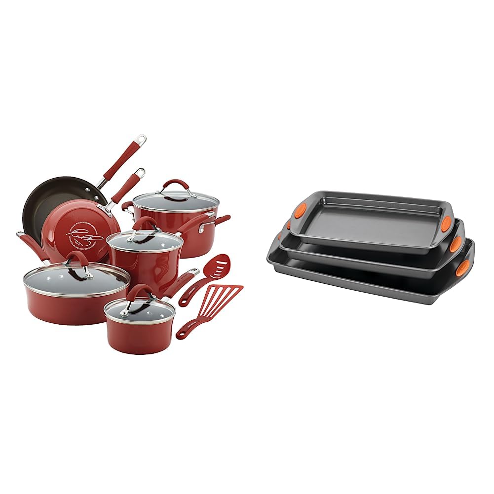 Rachael Ray Cucina Nonstick Cookware Pots and Pans Set, 12 Piece, Cranberry Red & Nonstick Bakeware Set with Grips, Nonstick Cookie Sheets/Baking Sheets - 3 Piece, Gray with Orange Grips