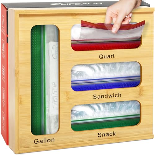 LIFEACH Ziplock Bag Storage Organizer for Kitchen Drawer or Wall Mount 12x12x3. Sturdy Natural Bamboo with Fitted Compartments for Quart, Snack, Sandwich, Gallon Baggies