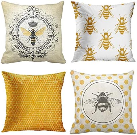 Emvency Set of 4 Throw Pillow Covers Bee Honey Yellow Modern Vintage French Queen Entomology with Bees Decorative Pillow Cases Home Decor Square 16x16 Inches Pillowcases