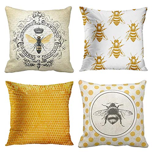 Emvency Set Of 4 Throw Pillow Covers Bee Honey Yellow Modern Vintage French Queen Entomology With Bees Decorative Pillow Cases Home Decor Square 20X20 Inches Pillowcases #TOP8