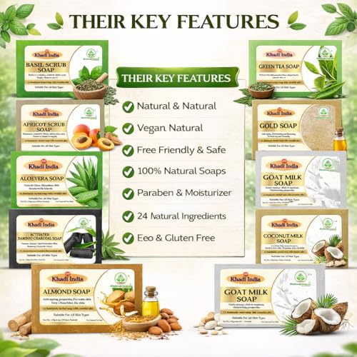 Image of Khadi Organic and Natural Handmade Bathing Soap for Men & Women By Bhudevam Naturals | Assorted Herbal & Chemical-Free Face and Body Soap for Gentle Cleansing & Healthy Skin (Assorted Bathing Soap (Pack of 10))