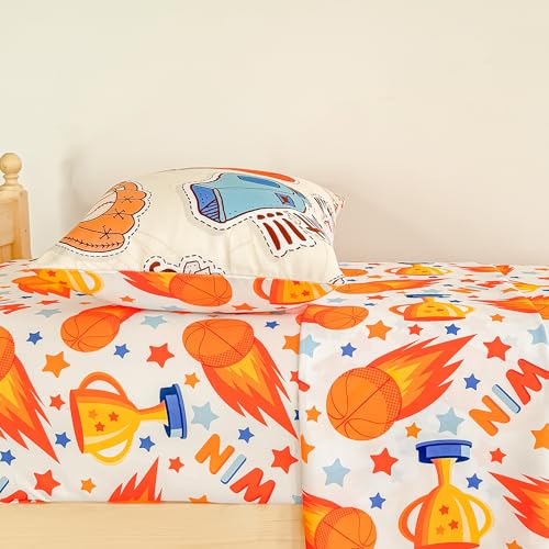 Image of Tailor Shop 4 Pieces Toddler Sports Bedding Toddler Basketball Football Baseball Comforter for Boys Bed in A Bag Includes Quilted Comforter Fitted Sheet Top Sheet and Pillow Case