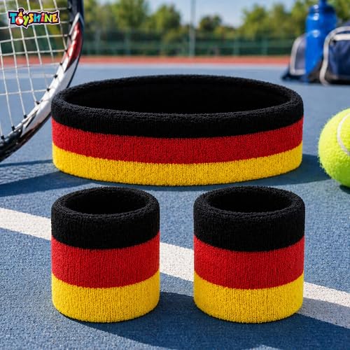 Image of Toyshine 3 Pieces Sweatbands Set, Includes Sports Headband and Wrist Sweatbands Striped Sweat Band for Athletic Men and Women - RED Black
