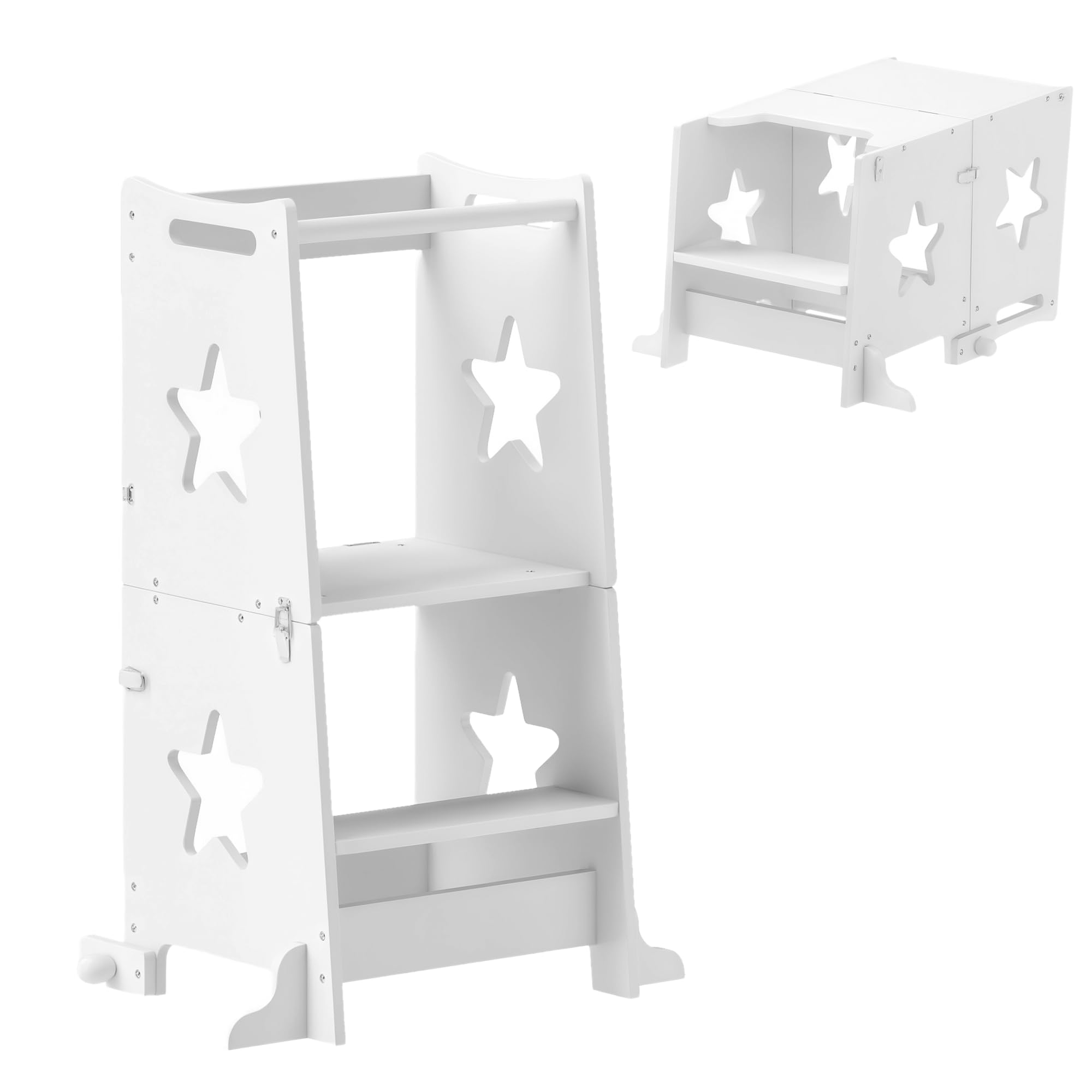 AIYAPLAY Toddler Step Stool, Standing Tower, 2 in 1 Toddler Step with Safety Rail, for Kitchen, Bathroom, Counter, White
