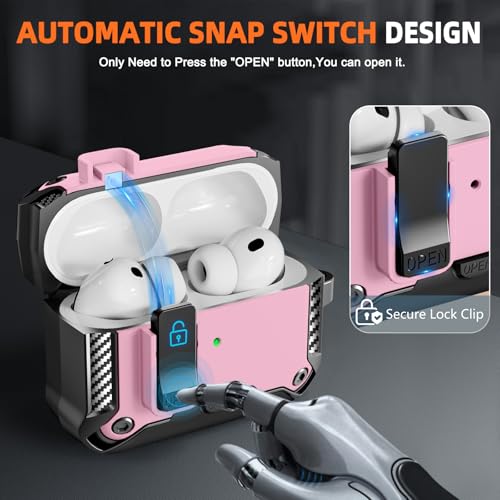 Image of for AirPods Pro 3 Case with Lock & Phone Stand(Pink) | Automatic Snap Switch Lock,Carbon Fiber Texture Design Cover with Cleaner Kit
