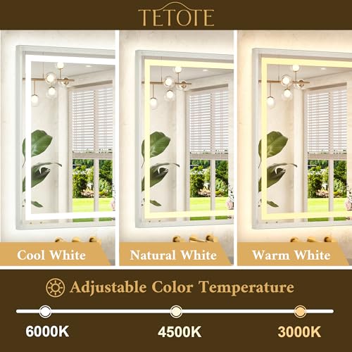 TETOTE Led Bathroom Mirror 30 x 36 with Brushed Nickel Frame Anti-Fog Frontlit & Backlit Vanity Mirror Stepless Dimmable Lighted Mirrors for Bathroom Wall 3 Colors White/Warm/Natural Wall-Mounted