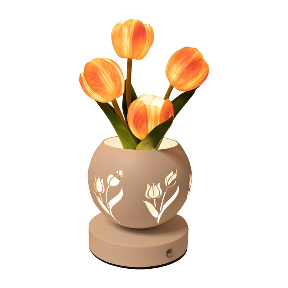 CTRLZS Tulip Night Light Artificial Flower Desk Lamp with Cut-Out Vase USB Charging 3 Color Stepless Dimming Up Cute Table Lamp