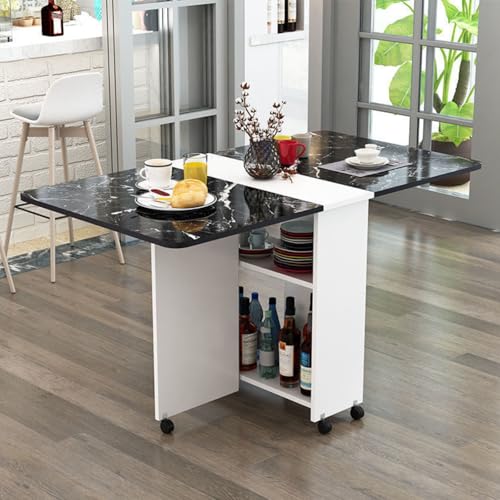 WEIDPHL Drop Leaf Dining Table for Small Spaces, Folding Dining Desk with Storage Racks, Dining Table with Lockable Wheels And Storage, Extension Table for Kitchen Living Room,Two Color D