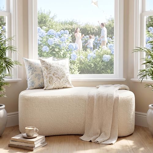 Image of Zesthouse Upholstered Ottoman Bench for Bedroom, 39.8 inch Curved Sherpa End of Bed Bench, Modern Small Bench Seat for Living Room Entryway Hall Mudroom, Soft White Fabric Coffee Table, Crescent Shape