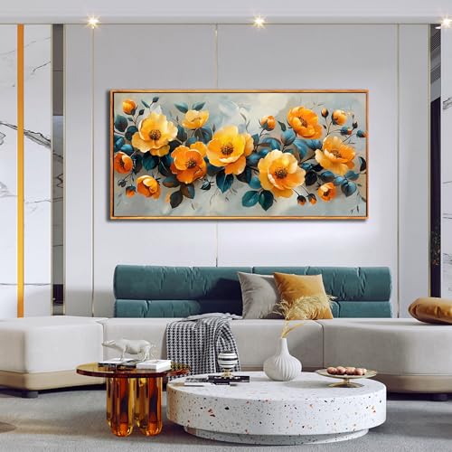 Image of AOZEMI Yellow Wall Art Room Decor Flower Art | Blue Home Decorations for Kitchen Living Room in Wall Pictures Modern Artwork 59 inchL x 29 inchW