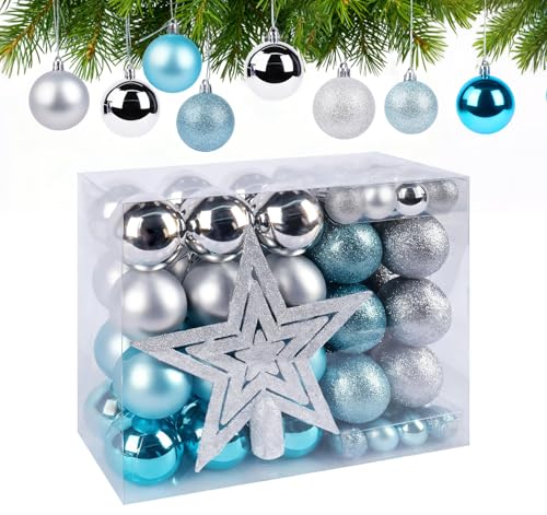 Anstore Weihnachtskugeln Blau Silber 69er Set mit Baumspitze Stern,...