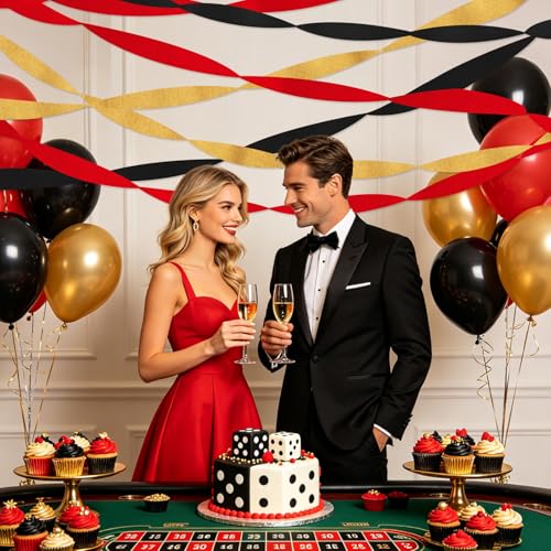 Image of Casino Streamers Party Decorations, 8 Rolls Red Black Gold Crepe Paper Streamers for Wedding Graduation Cartoon Birthday Las Vegas Poker Themed Party Decor