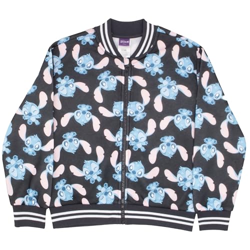 Image of Disney Lilo & Stitch Girl's Zip-Up Varsity Bomber Jacket - Casual Lightweight Coat with Stitch Graphic Print for Kids