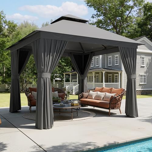 Aoxun 10x10 Outdoor Gazebo for Patio Metal Frame Canopy Gazebo Double Roof Heavy Duty Backyard Gazebo with Mosquito Netting & Privacy Screen Patio Shelter for Garden Lawn Deck (Grey)