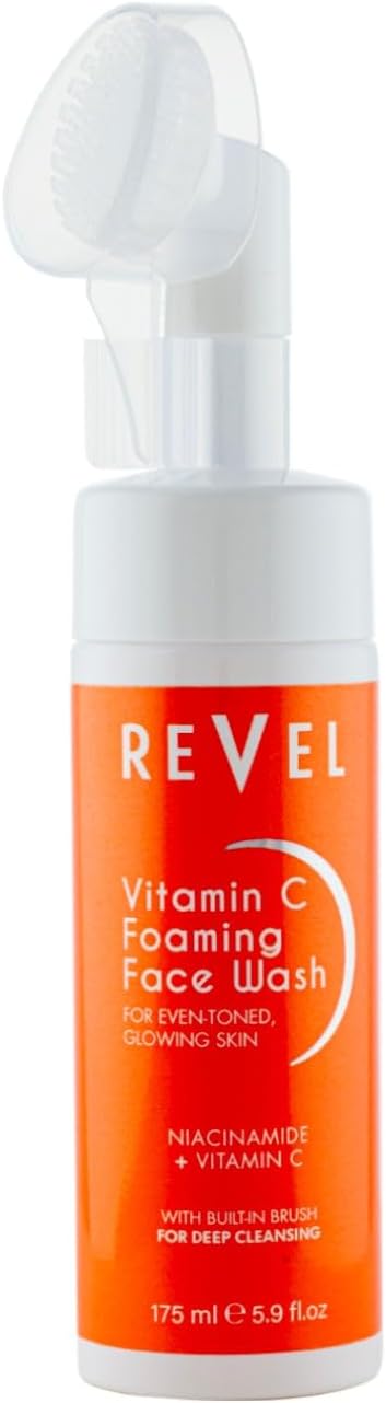Revel Beauty Skin Care Vitamin C Foaming Face Wash 175ml,For Even-Toned Glowing Skin, Built In Brush, Deep Cleansing, Niacinamide + Vitamin C, Washes
