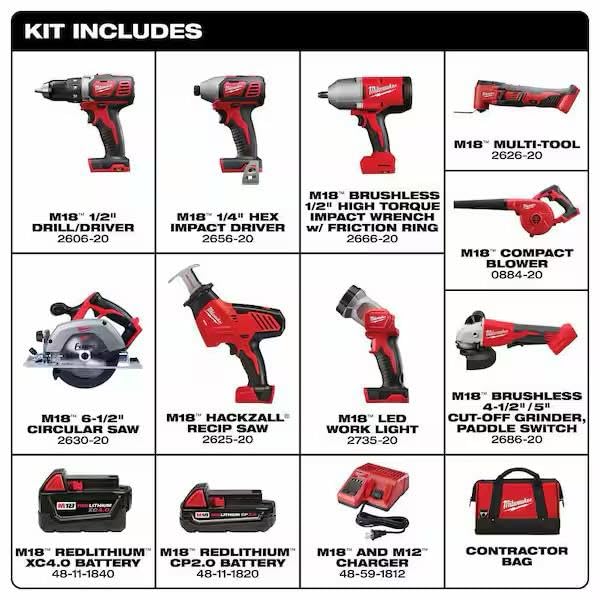Image of MILWAUKEE M18 18-Volt Lithium-Ion Cordless 9-Tool Combo Kit with 3 4.0 Ah Batteries, Charger and Tool Bag