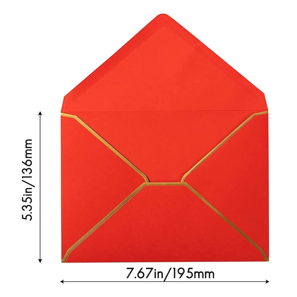 Lot de 100 Enveloppes A7 5 X 7 Enveloppes pour Cartes Enveloppes à Rabat en V avec Bordures DoréEs pour Cartes-Cadeaux, Invitations (Rouge)