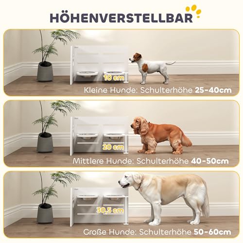 PawHut Erhöhter Hundenapf Höhenverstellbar Futternapf mit Ständer Anti-Schling-Matte 2 x 1000ml Langsamfutternapf verstellbar Fressnapf Futterstation Hundenäpfe für Mittlere Hunde Katzen Weiß