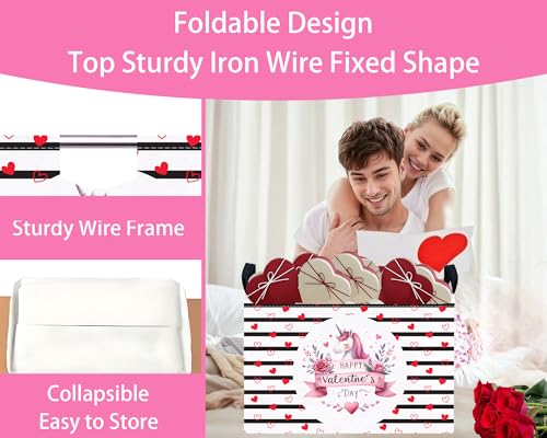Image of Valentines Day Basket for Kids Heart Shaped Empty Storage Bins for Gifts with Handles Room Decor (Black Dash Love Unicorn)