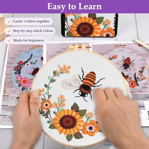 Image of Uniartfy 3 Pack Bee Flower Embroidery Kits for Beginners, Cross Stitch Kit for Adults, DIY Needlepoint with Embroidery Hoop, Tools, Easy to Learn Video & Instructions, Hand Embroidery Starter Kit