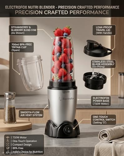 Image of Electrofox Blendo+ 2 Jar Bullet Nutri 750 W Juicer Mixer Grinder For Smoothies, Juice and Protein Shake (2 Jar Blender Nutri | 2 Jars | Silver) 2 Year Warranty