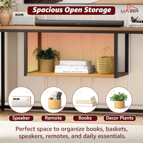 Image of Lukzer TV Unit Stand for TVs up to 43 Inch Engineered Wood with Metal (MTU-002 /Black & Oak Brown) Open Shelf Storage Console for Living Room, Set Top Box, WiFi Router, Speakers (110 x 56 x 30 cm)