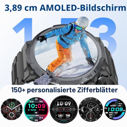 Smartwatch Herren, 1.53'' AMOLED-Display, 1000mAh Smart Watch, Anrufe tätigen/Empfangen, 120+ Sportmodi Fitness Tracker, IP68 Wasserdicht… – Ansicht 6
