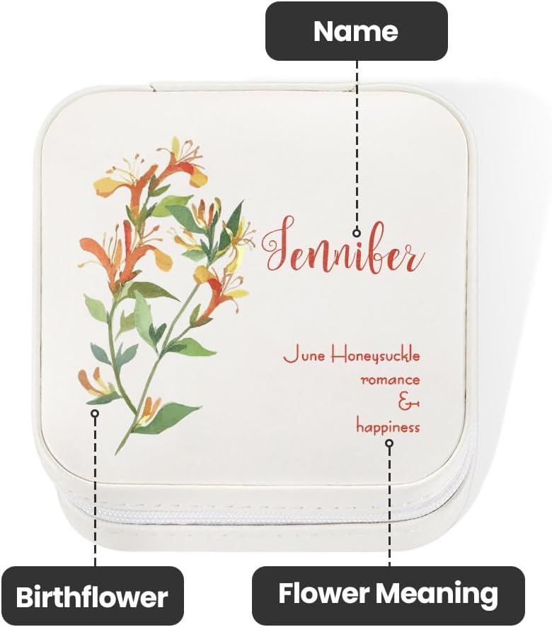 callie Custom Birth Flower Jewelry Box PU Leather Travel Organizer, Personalized Necklace Earrings Ring Case, Gifts for Woman, Mom, Wife