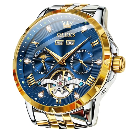 Image of OLEVS Automatic Watches for Men Self Winding Mechanical Skeleton Luxury Dress Stainless Steel Diamond Men Wrist Watches