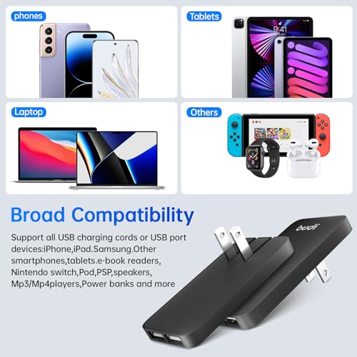 BUDI 17W Extra Slim Portable Wall Charger 2-Port USB-A Charger Foldable Wall Plug Compatible with Home Camera, iPhone IPad Samsung Galaxy(Black USB-A) by BUDI - Used condition - Image 3