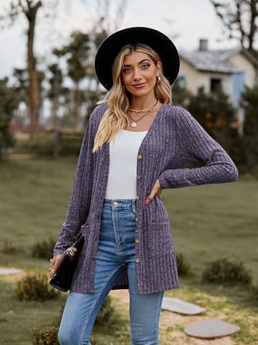 Famulily Damen Open Front Lange Strickjacken mit Taschen für Frauen Cosy Lose Open Front Pullover Mantel (L, Lila)