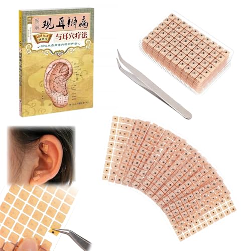 Kit de Acupuntura Auditiva para Auriculoterapia, 1200 Parches de Acupresión con Diagrama y Pinzas, Terapia Natural para la Salud, Compacto y Portátil, Ideal para Uso en Casa