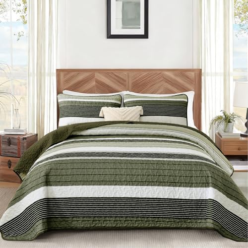 Quilt Set Queen Size Sage Green Striped Bedding Set 3